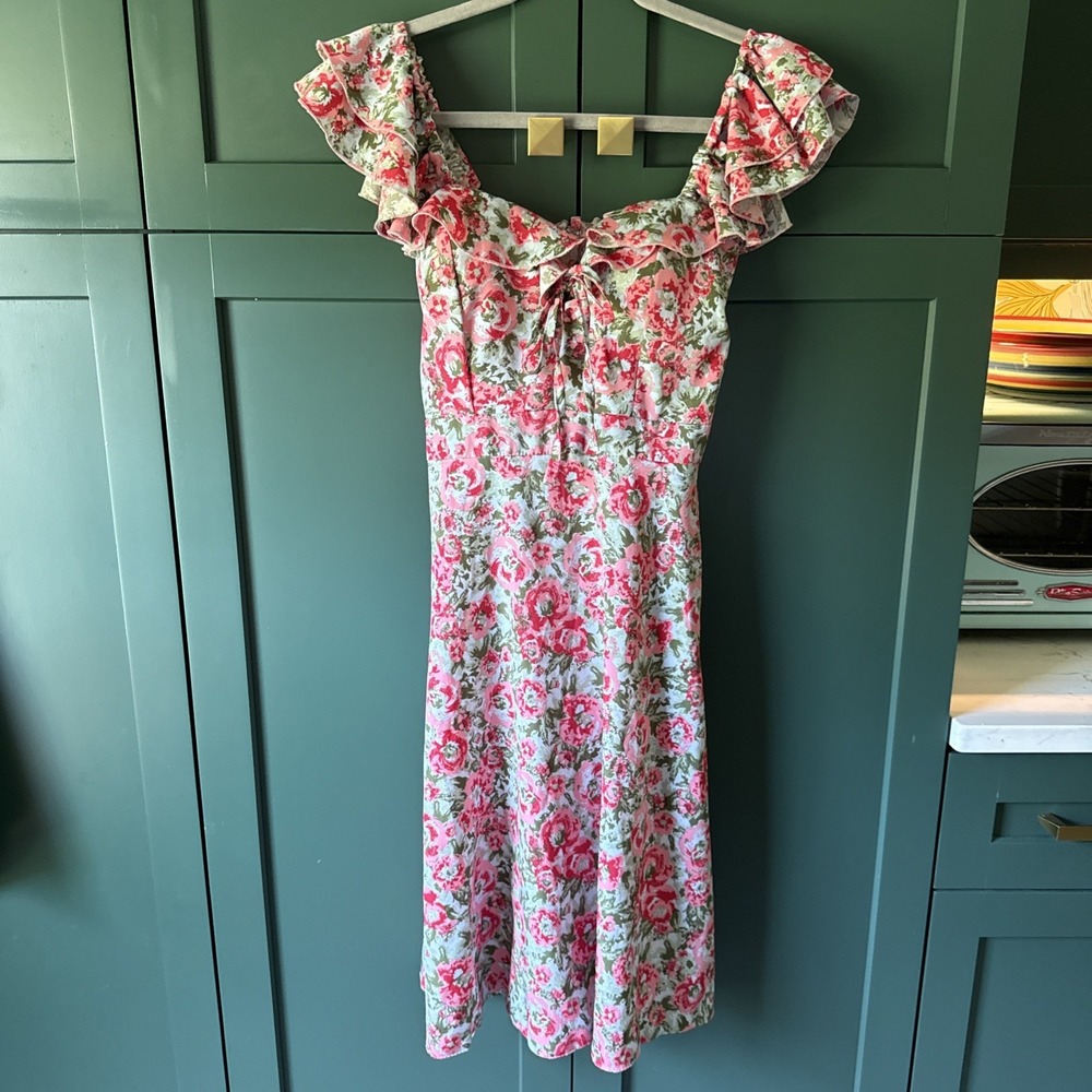 Floral Flutter Sleeve‎ Pink Rose midi Dress With Pockets size S